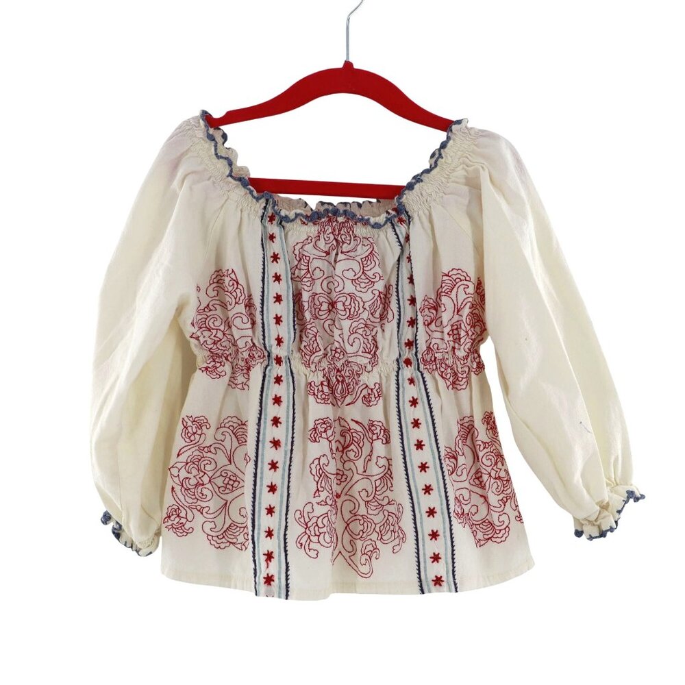 Mimi & Maggie Embroidered Peasant Top Girls 4 Cream Cottagecore Hippie Boho